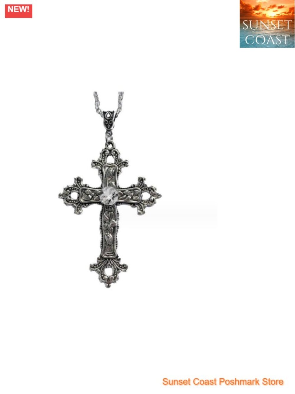 Gothic Cross Necklace Silvertone Black Glass Stone 24" Steel Chain Pendant